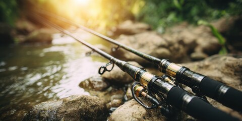 Fishing rods resting on the rocky river bank under the sunlight