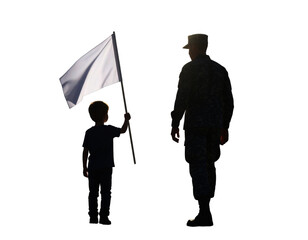 Soldier and child face each other at sunset, a white peace flag symbolizing hope beyond conflict.