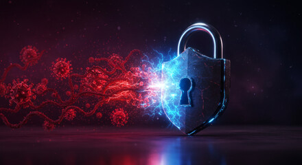 Cybersecurity concept of a lock shield protecting from virus attack in a digital environment