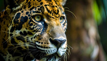Close-up portrait of a jaguar, showcasing its intricate spotted coat and intense gaze. The image captures a detail-oriented, sharp focus on the animal's face and fur patterns.