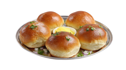 Buttered buns, soft bread, garnished with fresh herbs, served on metal plate with chopped onion and portion of butter, traditional Indian snack, appetizing and inviting