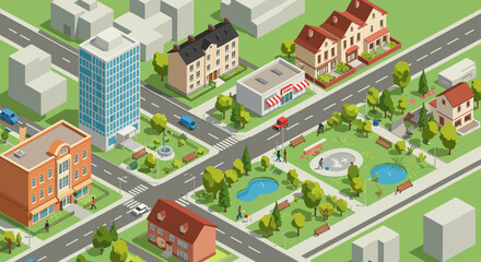 Isometric Cityscape Illustration with Green Spaces and Buildings