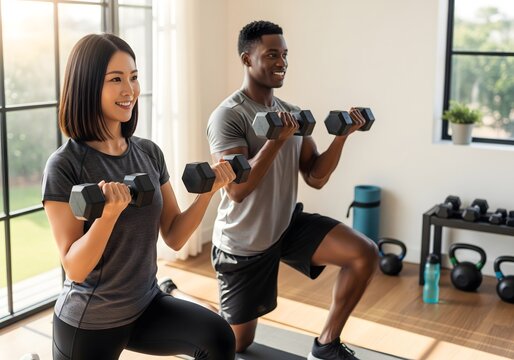 Happy diverse couple exercising with dumbbells at home