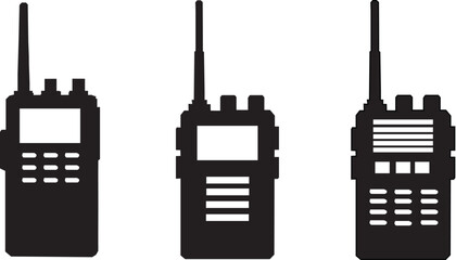 Black walkie-talkie icon set, communication device silhouette, two-way radio, wireless transmitter, handheld radio, emergency communication, portable transceiver. On white background. © Zuhaib