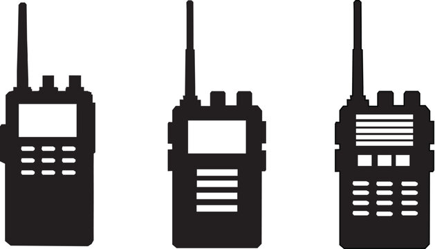 Black walkie-talkie icon set, communication device silhouette, two-way radio, wireless transmitter, handheld radio, emergency communication, portable transceiver. On white background.