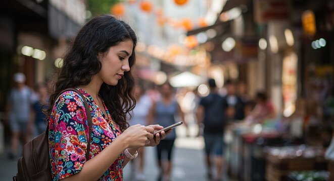 Captivating young woman absorbed in her smartphone, navigating a vibrant, bustling city street, digitally connected amidst urban energy and cultural exploration