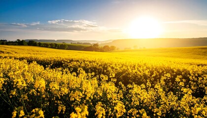 A vast expanse of vibrant yellow flowers stretches across a serene landscape, bathed in the golden light of a beautiful sunrise.