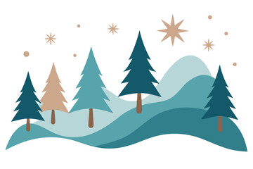 Fototapeta premium Stylized winter landscape with pine trees and stars on a dark background