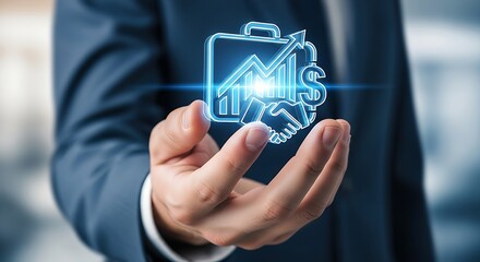 Obraz premium Man presenting business growth concept with briefcase chart handshake and dollar sign icon