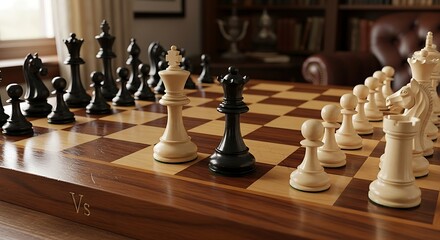 A chess game in progress with white king and black queen facing each other on the chessboard center