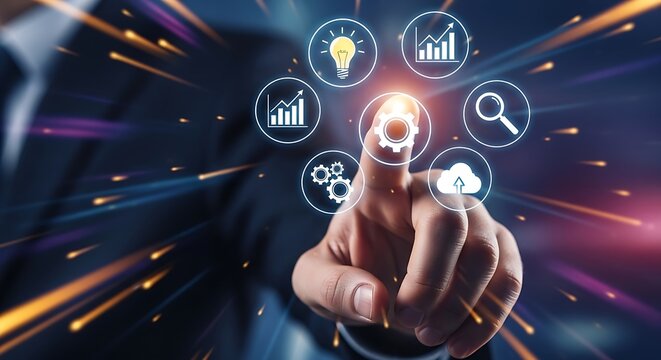 Hand interacting with digital icons representing business and technology concepts and solutions