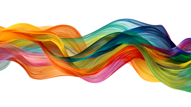 Vibrant, flowing waves of colorful fabric create a dynamic, abstract artistic display.