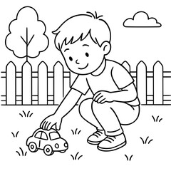 Outline design for color drawing, little boy playing with toy car
