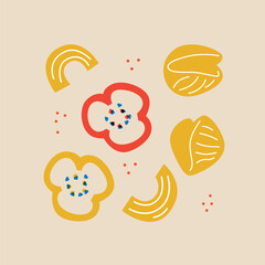 Italian pasta in saucepan funny cartoon illustration. Family Dining. Professional worker on the kitchen. Poster with title for decor kitchen or cafe. Cooking Italian snacks hand drawing.	