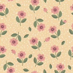 Charming Pastel Pink Floral Pattern with Green Leaves on a Speckled Yellow Background - Seamless Repeat Design