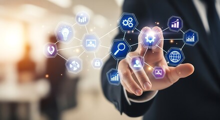 Man using digital interface with business and technology icons in a connected network design