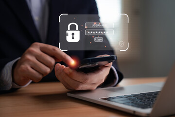 Businessman using smartphone with digital security login interface by input username and password protection, cybersecurity concept for online data safety and secure access technology.