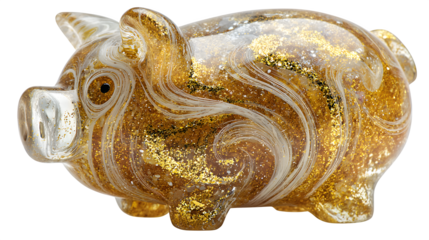 A resin piggy bank shaped like a clear, oversized coin, with internal swirling gold glitter, making saving money a visually appealing process, isolated on a Transparent Background