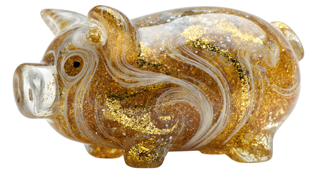 A resin piggy bank shaped like a clear, oversized coin, with internal swirling gold glitter, making saving money a visually appealing process, isolated on a Transparent Background
