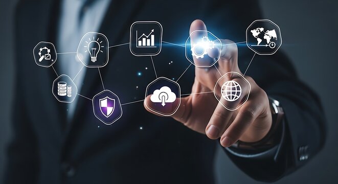 Person touching digital interface with various icons representing business concepts and technology 100