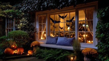 Halloween window decor at night