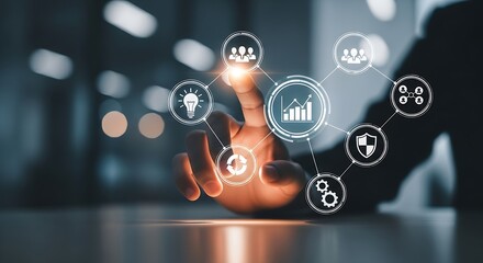 Hand interacting with digital icons representing business management and technology solutions online interface