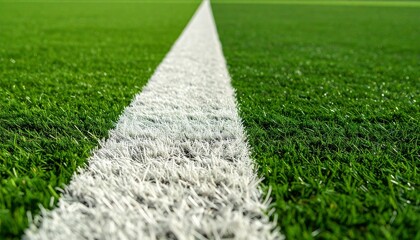 White Line on Green Artificial Turf Field Close Up.