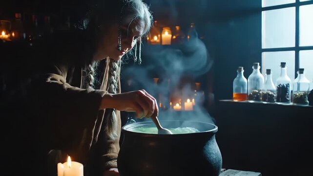 Mysterious sorceress with grey braids stirring a glowing green potion in a steaming cauldron within a dark, candlelit alchemy workshop