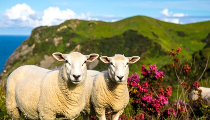 Two sheep stand proudly against a backdrop of lush green hills and a sparkling ocean, showcasing a tranquil and picturesque rural scene.