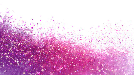Sparkling, shimmering particles of pink and purple glitter burst across a white background, creating a festive and magical effect.