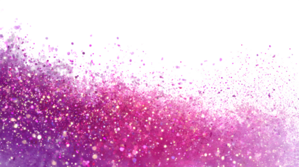 Sparkling, shimmering particles of pink and purple glitter burst across a white background, creating a festive and magical effect.