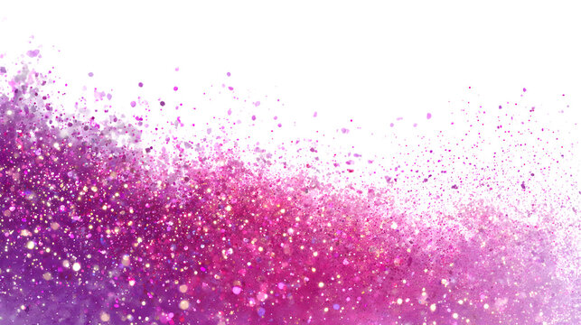 Sparkling, shimmering particles of pink and purple glitter burst across a white background, creating a festive and magical effect.