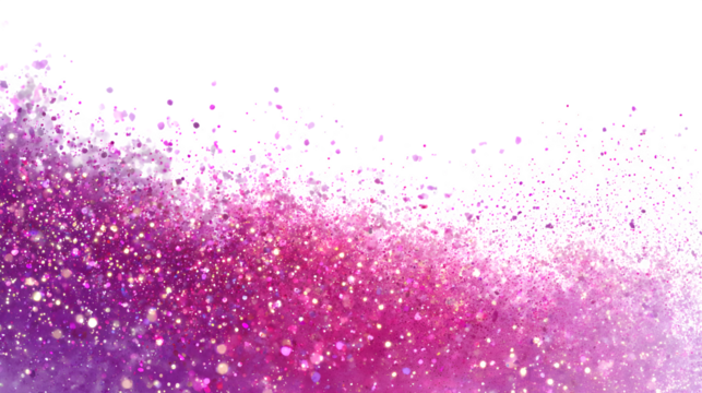 Sparkling, shimmering particles of pink and purple glitter burst across a white background, creating a festive and magical effect.