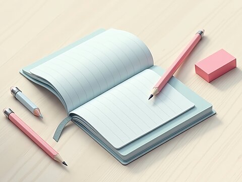 A clean and simple stationery mockup with a blank open notebook, red pencil, and an eraser, representing writing, studying, or creative journaling