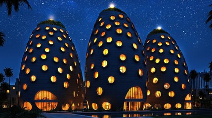 Three Illuminated Dome Shaped Buildings at Night Under Starry Sky