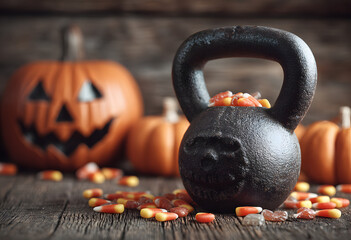 Heavy kettlebell crushing carved Halloween pumpkin head jack lantern (Jack-o'-lantern). Candy spills out of the mouth. Healthy fitness lifestyle Halloween composition on wooden background.