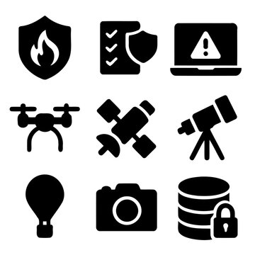 Set of technology icon: A collection of sleek, black icons representing various technological aspects of a modern world. This array illustrates innovation, protection, and futuristic elements. 