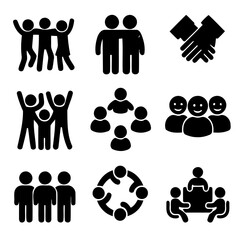 Community Icon Set: A comprehensive vector graphic featuring various symbolic images representing teamwork, collaboration, partnership, and togetherness