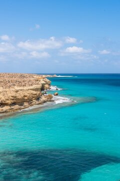 Marsa Matruh-Egypt Aug 16, 2025: Beautiful natural scenery of Ageeba Beach in marsa matrouh Egypt during daytime, Sea Shore in Sunny Day. in the North coast of Egypt