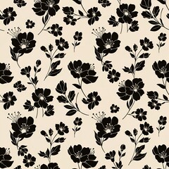 Elegant Black floral seamless pattern with delicate flowers and leaves on a light beige background, creating a sophisticated and timeless design