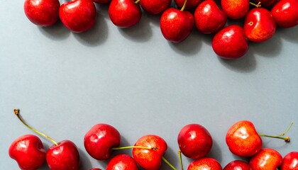 Fresh, vibrant red cherries arranged in a symmetrical pattern against a muted gray background create a visually appealing food image.
