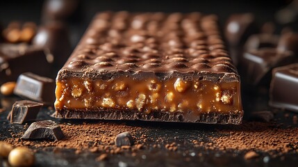 Mars bar positioned on a glossy black background with caramel dripping over its edge cocoa dust and chocolate pieces nearby creating a warm inviting feel that highlights its textures