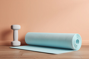 Obraz premium Rolled corner of a pastel yoga mat with a single white dumbbell beside it for fitness and mindfulness branding.