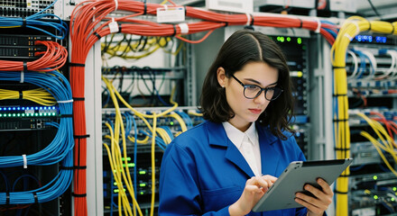Server outage female technician in inspect equipment in a brightly lit data center, AI, server racks