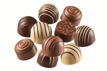 Fototapeta premium A tempting pile of assorted chocolate truffles with various decorations and flavors is presented, some with stripes and others with intricate patterns. 