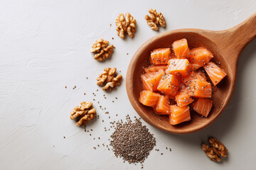 Fototapeta premium Bowl of salmon cubes and walnuts. Scattered chia seeds 