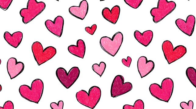 A playful pattern of hand-drawn hearts in various shades of pink and red, perfect for romantic themes.