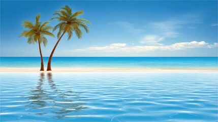 Fototapeta premium Tropical paradise with palm trees by the ocean, serene beach scene