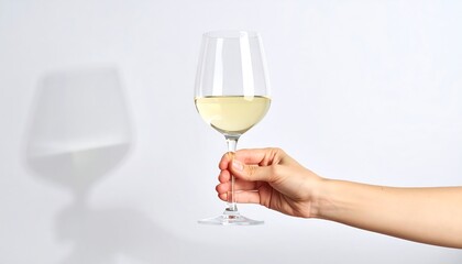 A hand holds a stemmed wine glass filled with pale yellow liquid against a plain white background.  A shadow of the glass is cast on the backdrop