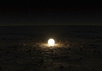Mysterious Luminous Orb Emitting Radiant Light on Arid Cracked Ground Beneath a Deep Dark Sky, Evoking Cosmic Wonder and an Ethereal Energy Source